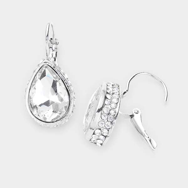 Rhinestone Clear Teardrop Stone Lever Back Silver Evening Earrings