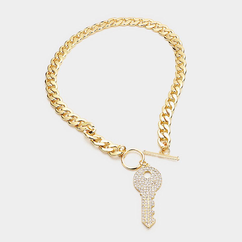 Rhinestone Embellished Key Gold Necklace Set