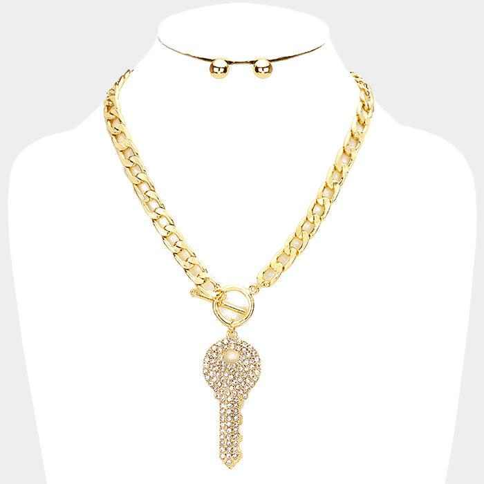 Rhinestone Embellished Key Gold Necklace Set