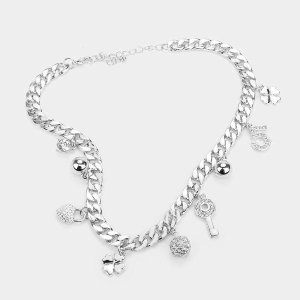 Rhinestone Embellished Key Lock Metal Clover Station Necklace & Earrings-Necklace-SPARKLE ARMAND
