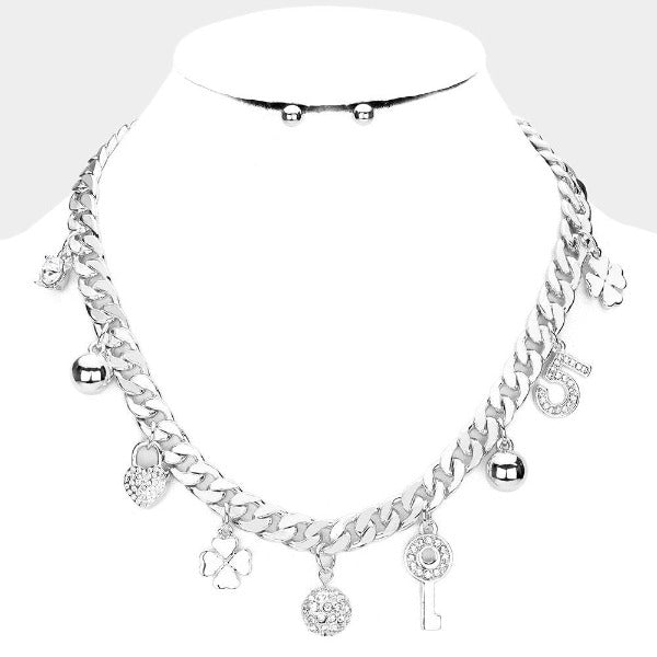 Rhinestone Embellished Key Lock Metal Clover Station Necklace & Earrings-Necklace-SPARKLE ARMAND