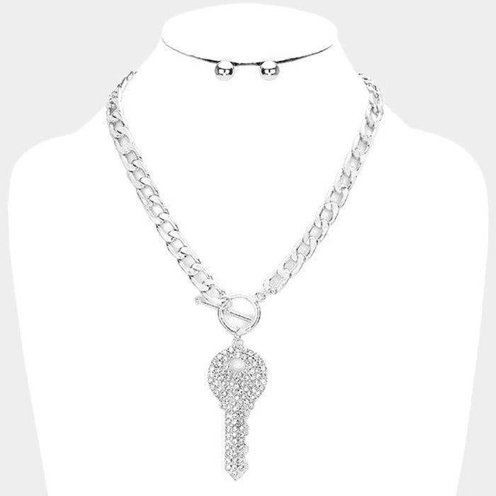 Rhinestone Embellished Key Gold Necklace Set