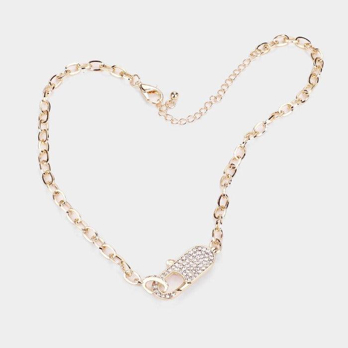 Rhinestone Embellished Lobster Clasp Gold Necklace Set