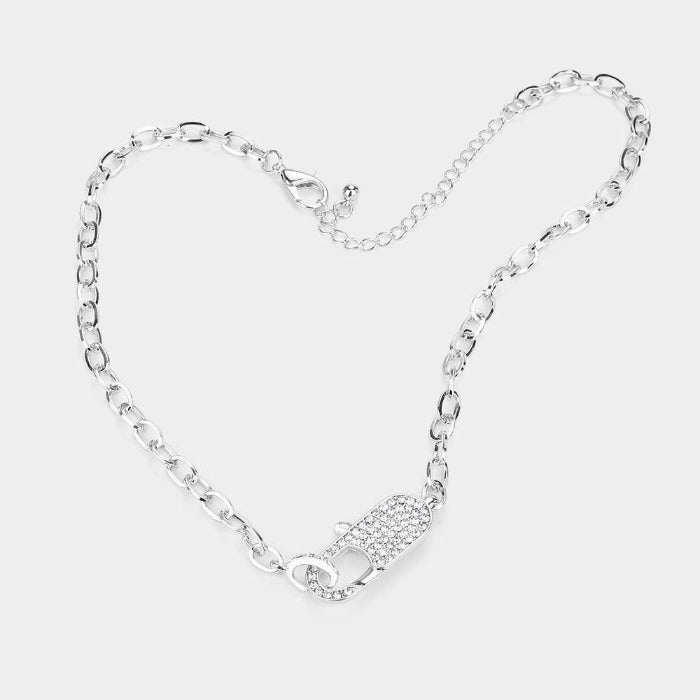 Rhinestone Embellished Lobster Clasp Silver Necklace Set