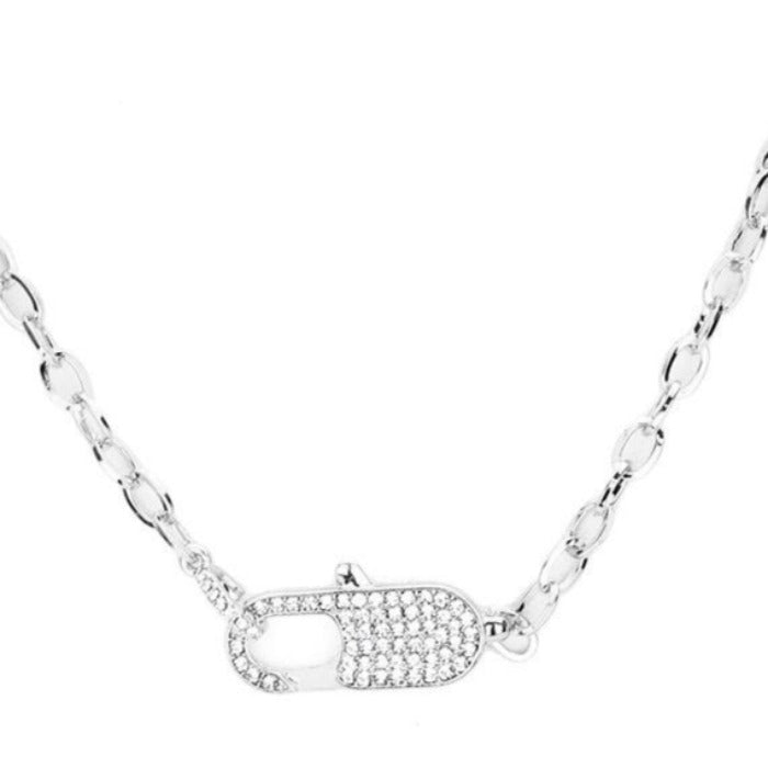 Rhinestone Embellished Lobster Clasp Silver Necklace Set