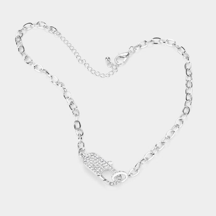 Rhinestone Embellished Lobster Clasp Silver Necklace Set