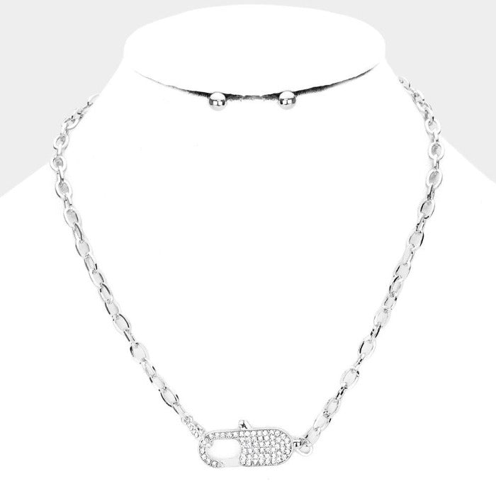 Rhinestone Embellished Lobster Clasp Silver Necklace Set