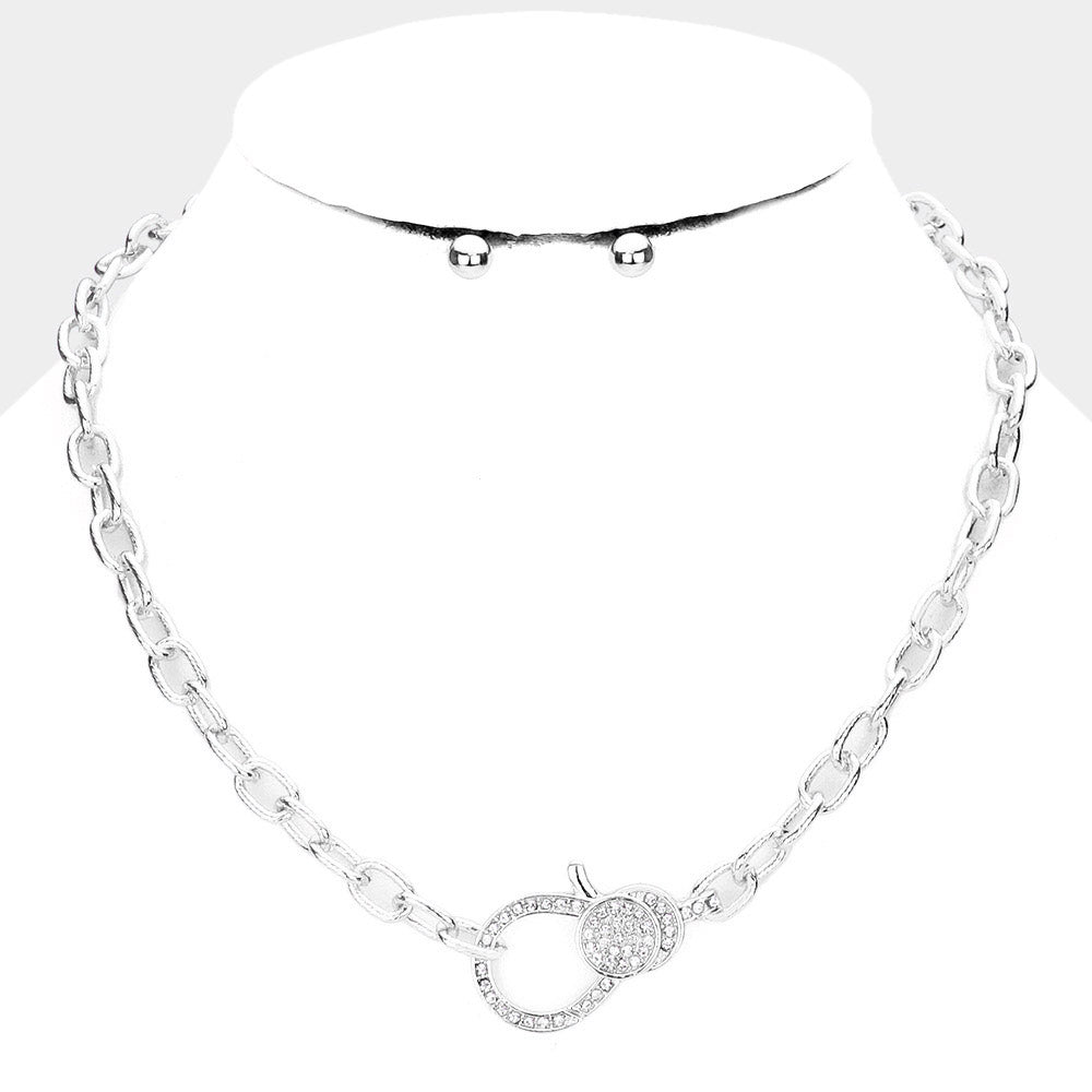 Rhinestone Embellished Lobster Clasp Silver Necklace Set