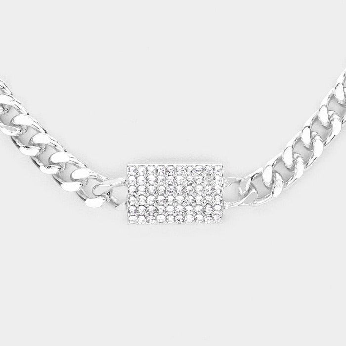 Rhinestone Embellished Rectangle Silver Necklace Set