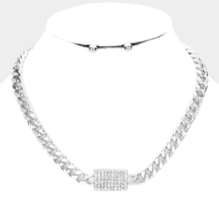 Rhinestone Embellished Rectangle Silver Necklace Set