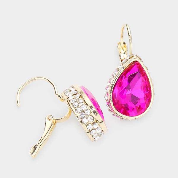 Rhinestone Fuchsia Teardrop Stone Lever Back Gold Evening Earrings