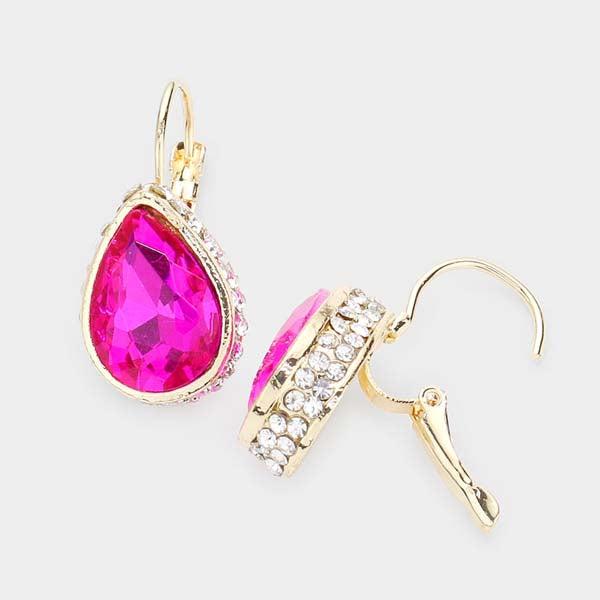 Rhinestone Fuchsia Teardrop Stone Lever Back Gold Evening Earrings