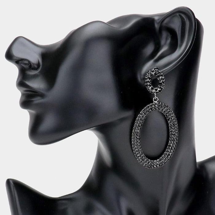 Rhinestone Jet Black Double Open Oval Earrings