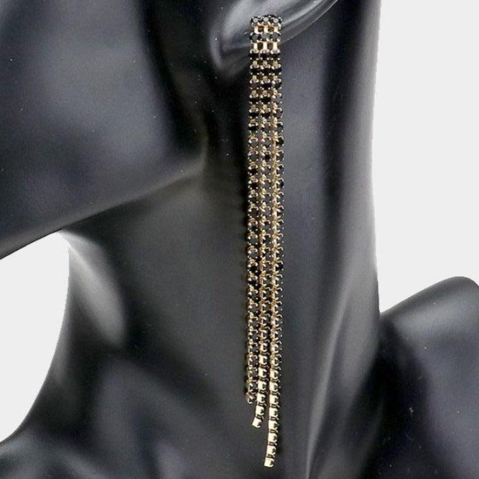 Rhinestone Jet Black Long Dangle Earrings-Earring-SPARKLE ARMAND