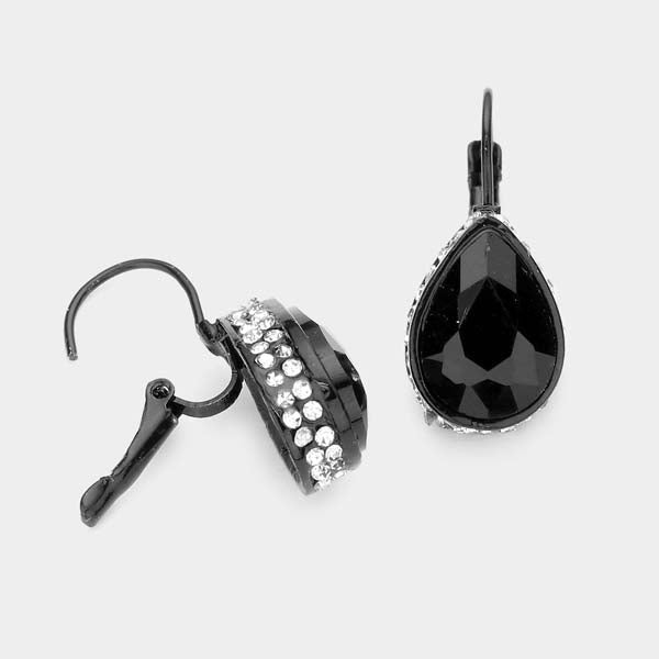 Rhinestone Jet Black Teardrop Stone Lever Back Evening Earrings