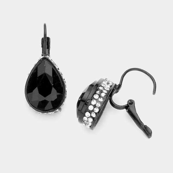 Rhinestone Jet Black Teardrop Stone Lever Back Evening Earrings