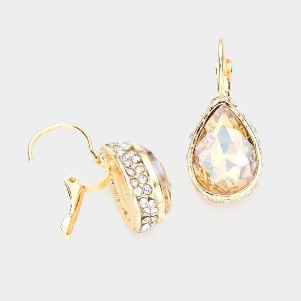 Rhinestone Lt Topaz Teardrop Stone Lever Back Gold Evening Earrings