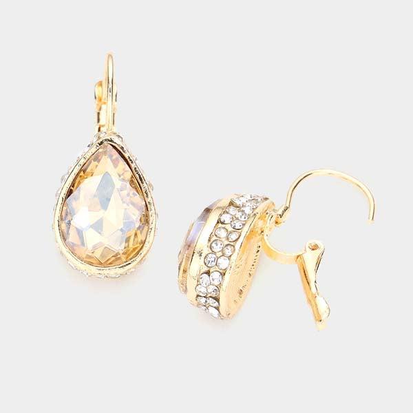 Rhinestone Lt Topaz Teardrop Stone Lever Back Gold Evening Earrings