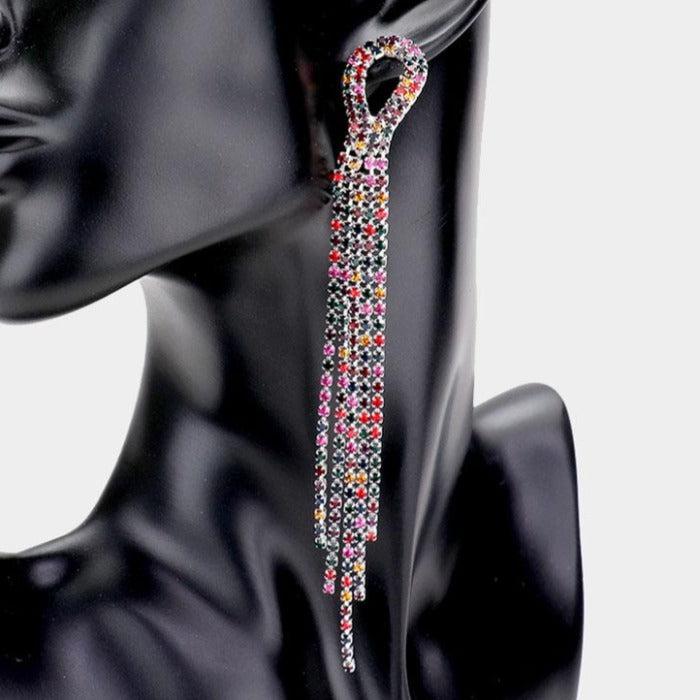 Rhinestone Multi Color Pave Fringe Silver Evening Earrings