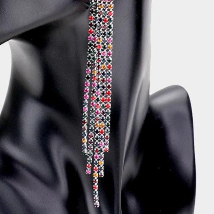 Rhinestone Multi Color Pave Fringe Silver Evening Earrings