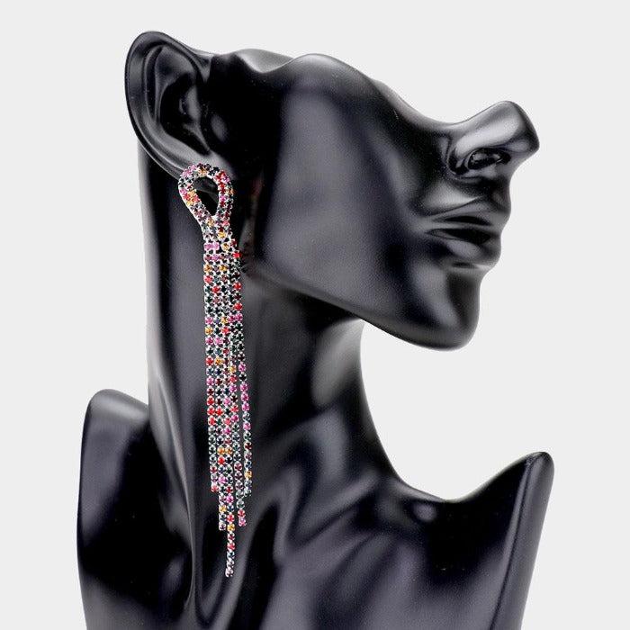 Rhinestone Multi Color Pave Fringe Silver Evening Earrings