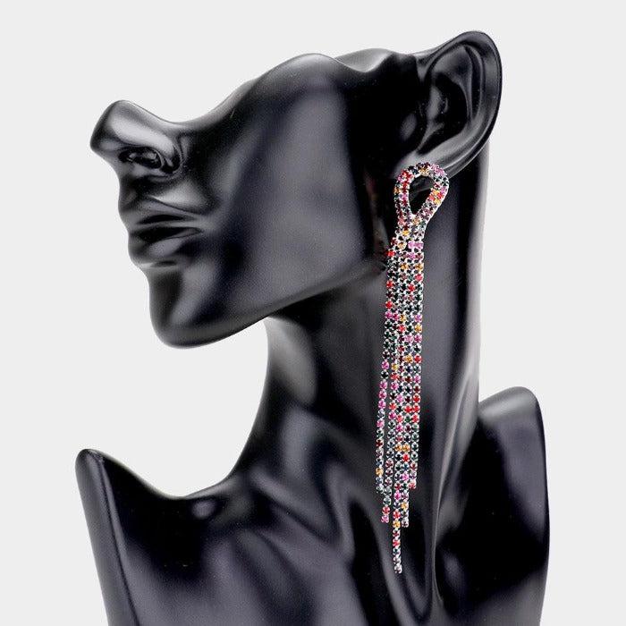 Rhinestone Multi Color Pave Fringe Silver Evening Earrings