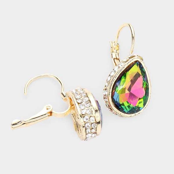 Rhinestone Oil Spill Teardrop Stone Lever Back Gold Evening Earrings