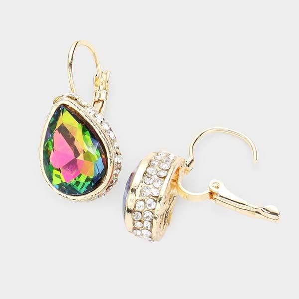 Rhinestone Oil Spill Teardrop Stone Lever Back Gold Evening Earrings