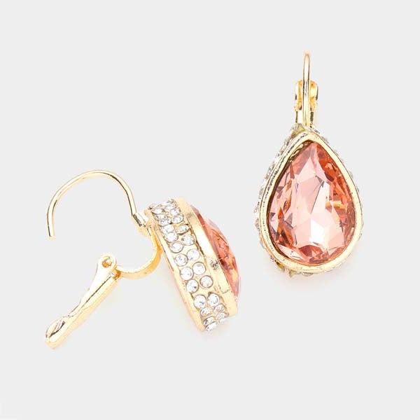 Rhinestone Peach Teardrop Stone Lever Back Gold Evening Earrings