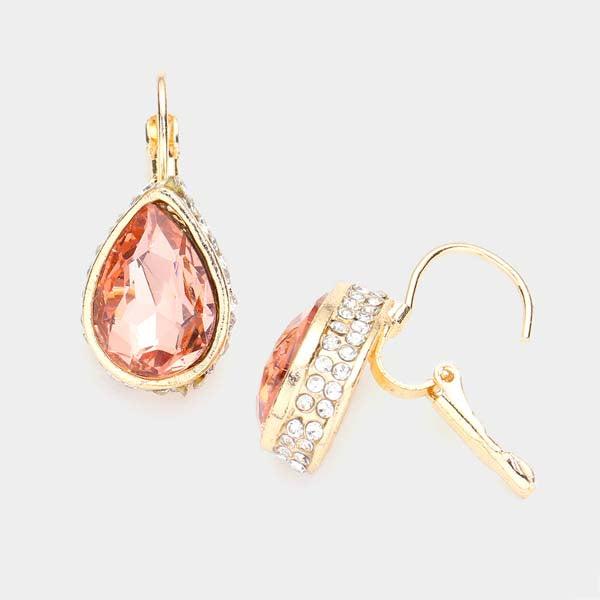 Rhinestone Peach Teardrop Stone Lever Back Gold Evening Earrings