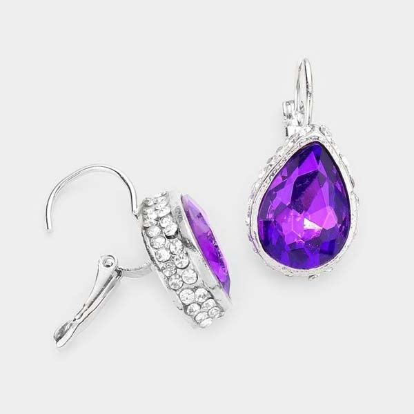 Rhinestone Purple Teardrop Stone Lever Back Silver Evening Earrings
