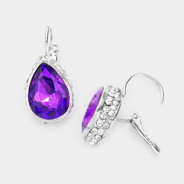 Rhinestone Purple Teardrop Stone Lever Back Silver Evening Earrings