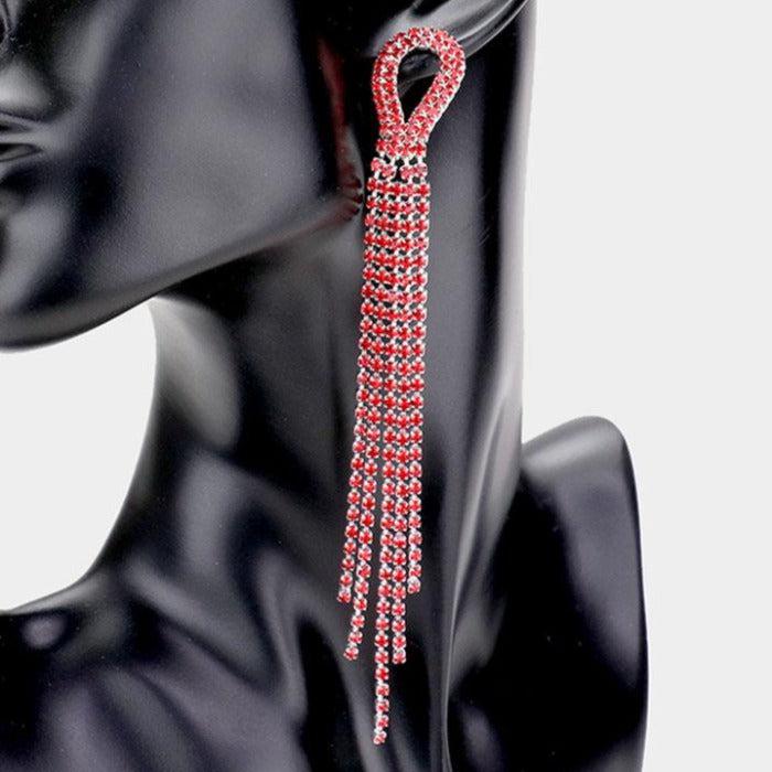 Rhinestone Red Pave Fringe Silver Evening Earrings