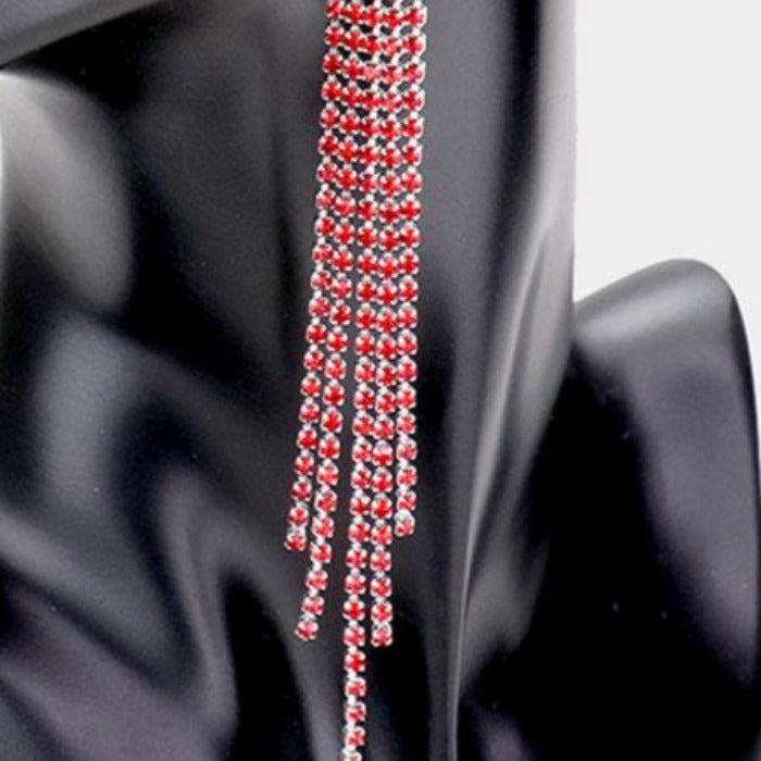 Rhinestone Red Pave Fringe Silver Evening Earrings