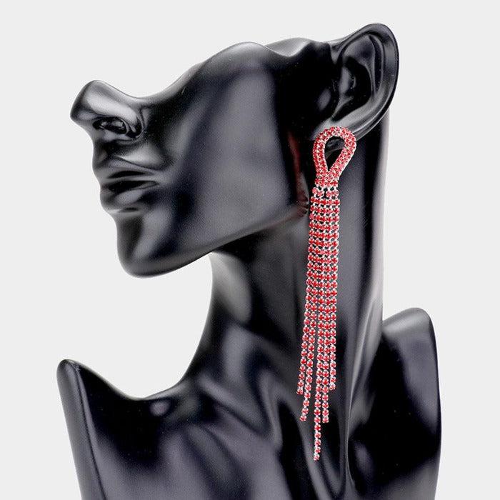 Rhinestone Red Pave Fringe Silver Evening Earrings