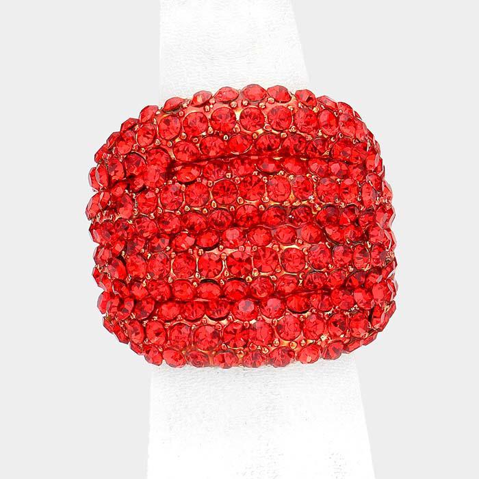 Rhinestone Red Pave Multi Row Gold Stretch Ring