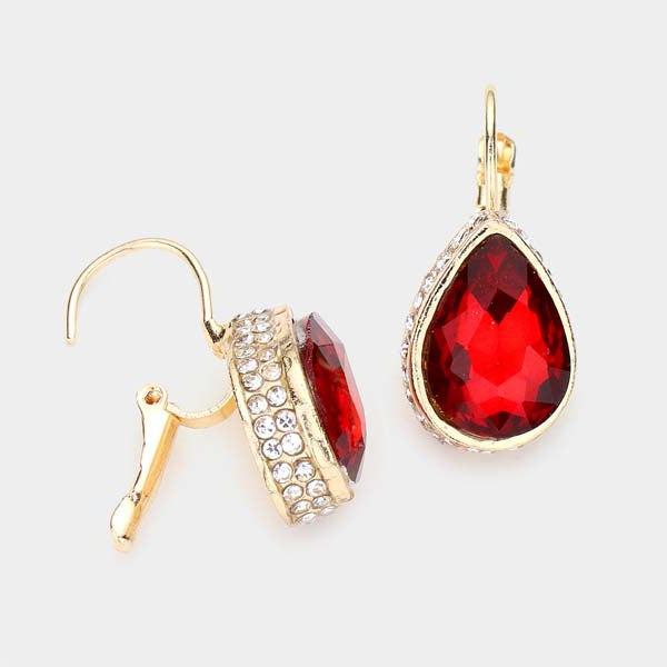 Rhinestone Red Teardrop Stone Lever Back Gold Evening Earrings