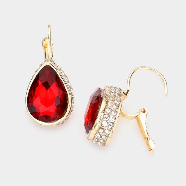 Rhinestone Red Teardrop Stone Lever Back Gold Evening Earrings