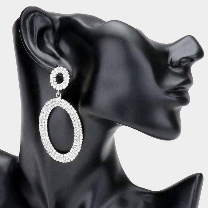 Rhinestone Silver Double Open Oval Earrings