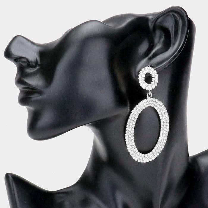 Rhinestone Silver Double Open Oval Earrings