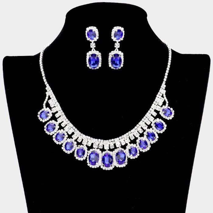 Rhinestone Trim Blue Oval Stone Accented Silver Necklace Set Sparkle Armand