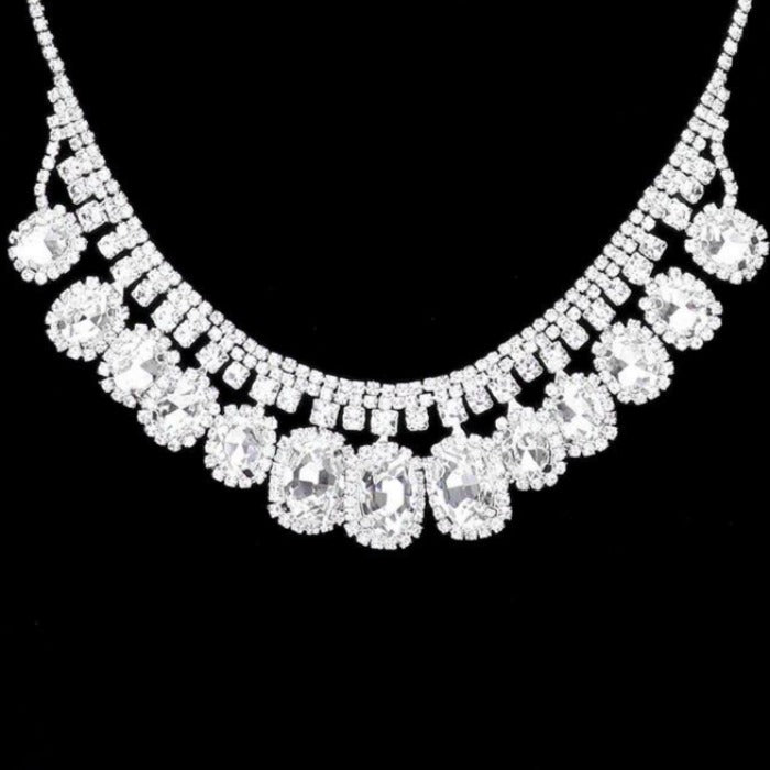 Rhinestone Trim Clear Oval Stone Accented Silver Necklace Set Sparkle Armand