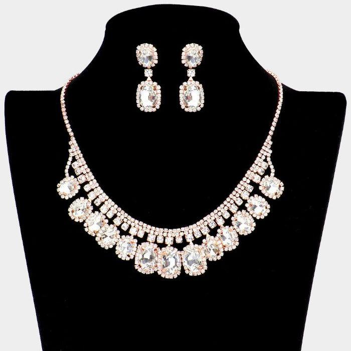 Rhinestone Trim Oval Stone Accented Rose Gold Necklace Set Sparkle Armand