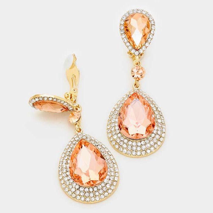 Rhinestone Trim Peach Crystal Teardrop Clip On Earrings