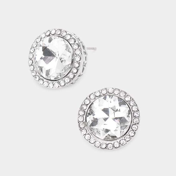 Rhinestone Trimmed Clear Round Stone Silver Evening Earrings