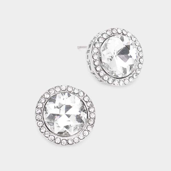 Rhinestone Trimmed Clear Round Stone Silver Evening Earrings