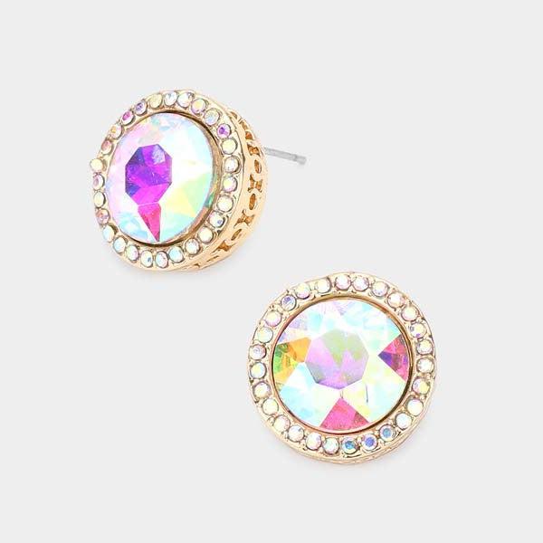 Rhinestone Trimmed Round Stone Aurora Borealis Evening Earrings