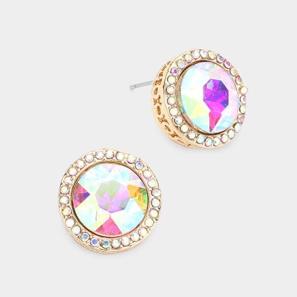 Rhinestone Trimmed Round Stone Aurora Borealis Evening Earrings