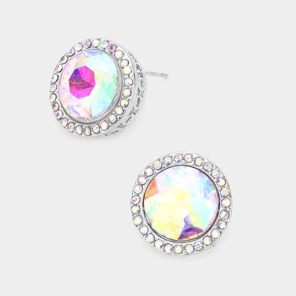 Rhinestone Trimmed Round Stone Aurora Borealis Evening Earrings