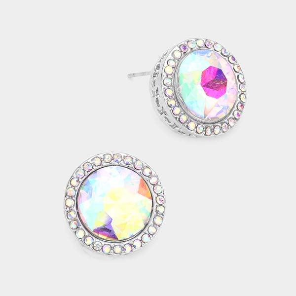 Rhinestone Trimmed Round Stone Aurora Borealis Evening Earrings